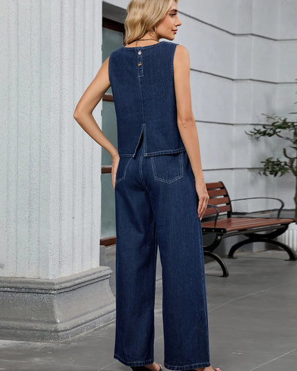 Round Neck Tank and Pants Denim Set - THE AMERICAN BLUE