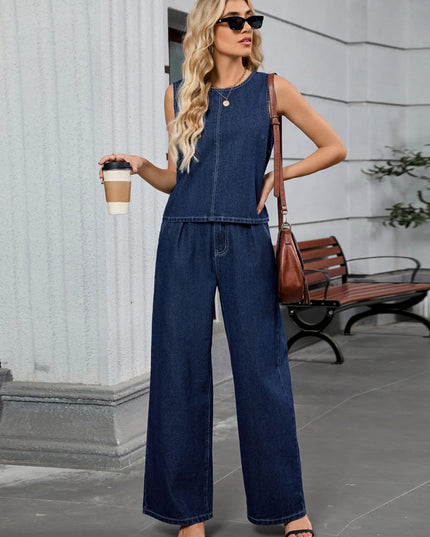 Round Neck Tank and Pants Denim Set - THE AMERICAN BLUE