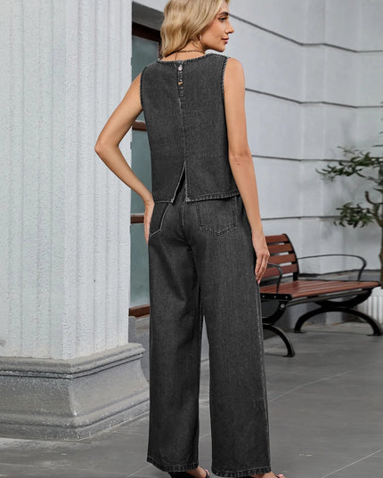 Round Neck Tank and Pants Denim Set - THE AMERICAN BLUE
