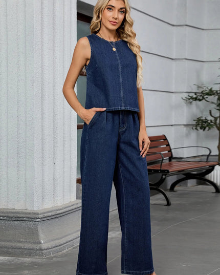 Round Neck Tank and Pants Denim Set - THE AMERICAN BLUE