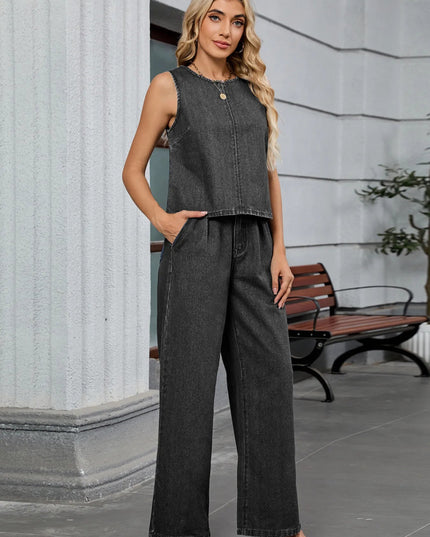 Round Neck Tank and Pants Denim Set - THE AMERICAN BLUE