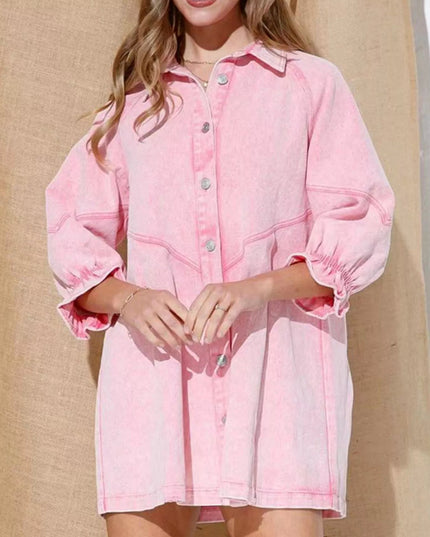 Ruffled Cuff Button - Down Denim Dress - THE AMERICAN BLUE