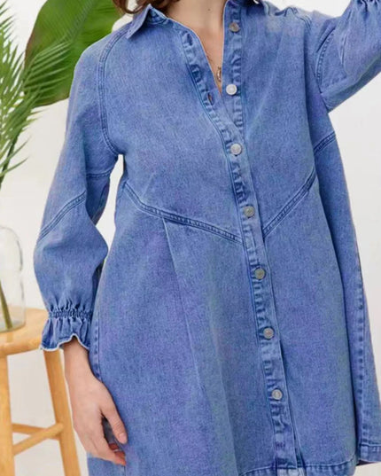 Ruffled Cuff Button - Down Denim Dress - THE AMERICAN BLUE