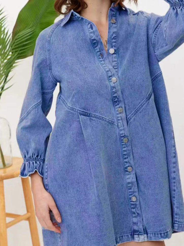 Ruffled Cuff Button - Down Denim Dress - THE AMERICAN BLUE