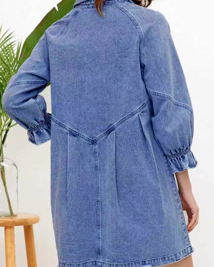 Ruffled Cuff Button - Down Denim Dress - THE AMERICAN BLUE