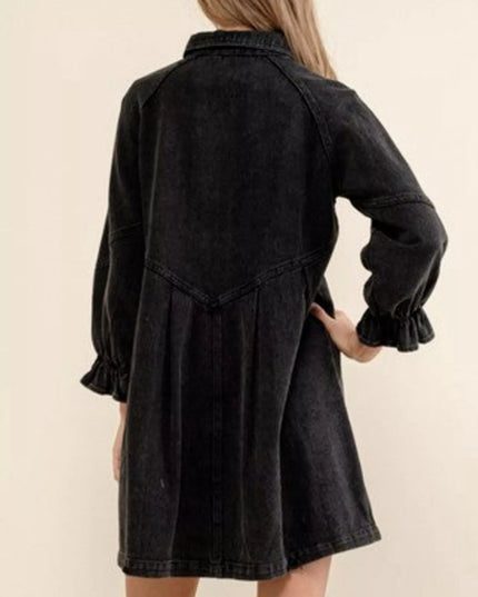 Ruffled Cuff Button - Down Denim Dress - THE AMERICAN BLUE