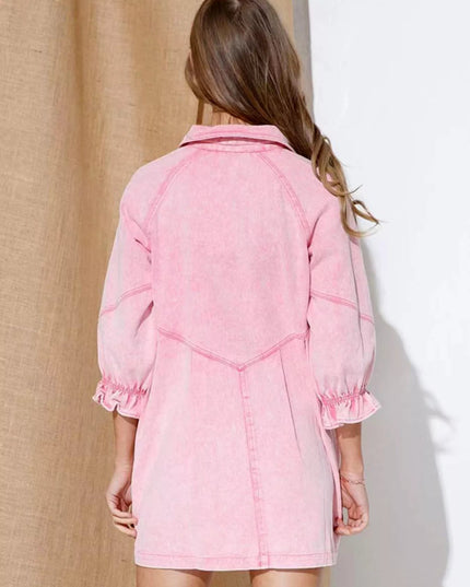 Ruffled Cuff Button - Down Denim Dress - THE AMERICAN BLUE