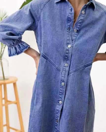 Ruffled Cuff Button - Down Denim Dress - THE AMERICAN BLUE
