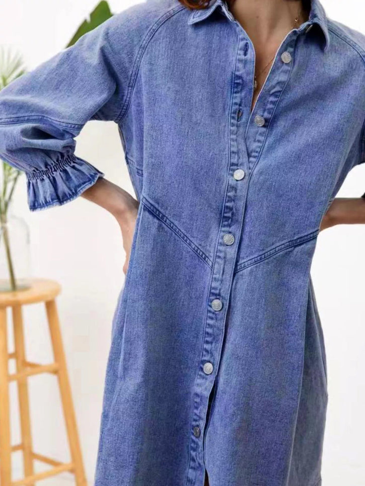 Ruffled Cuff Button - Down Denim Dress - THE AMERICAN BLUE