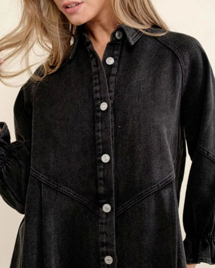 Ruffled Cuff Button - Down Denim Dress - THE AMERICAN BLUE
