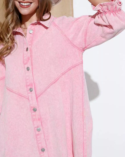 Ruffled Cuff Button - Down Denim Dress - THE AMERICAN BLUE