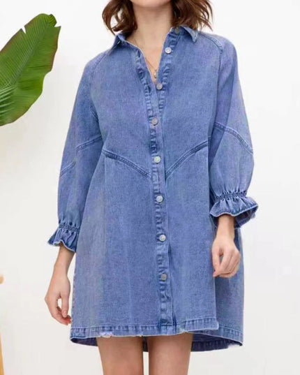 Ruffled Cuff Button - Down Denim Dress - THE AMERICAN BLUE
