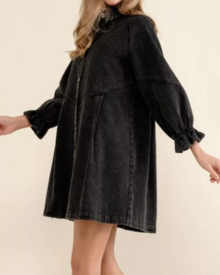 Ruffled Cuff Button - Down Denim Dress - THE AMERICAN BLUE