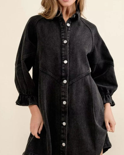 Ruffled Cuff Button - Down Denim Dress - THE AMERICAN BLUE