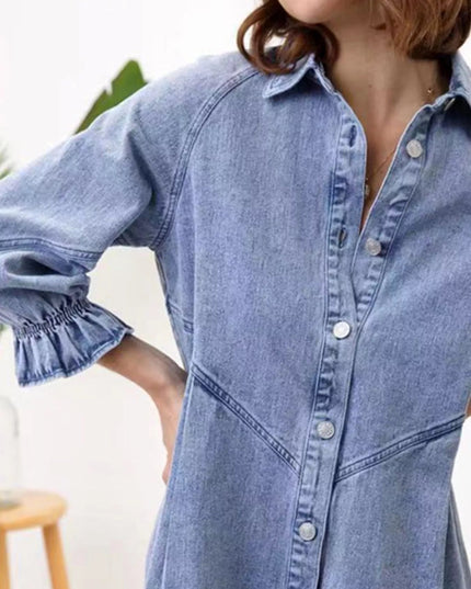 Ruffled Cuff Button - Down Denim Dress - THE AMERICAN BLUE