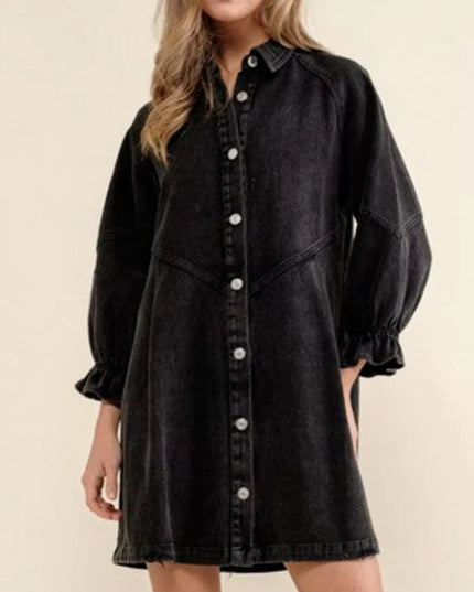 Ruffled Cuff Button - Down Denim Dress - THE AMERICAN BLUE