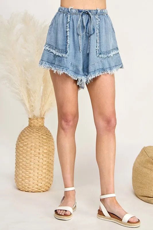 SAGE+FIG Frayed Drawstring Denim Shorts - THE AMERICAN BLUE