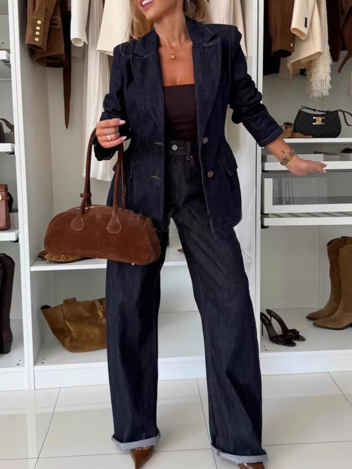 Single - Breasted Blazer and Jeans Denim Set - THE AMERICAN BLUE