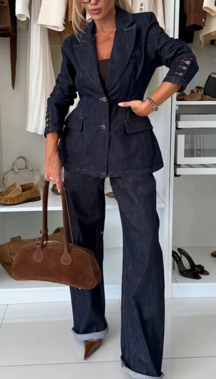 Single - Breasted Blazer and Jeans Denim Set - THE AMERICAN BLUE