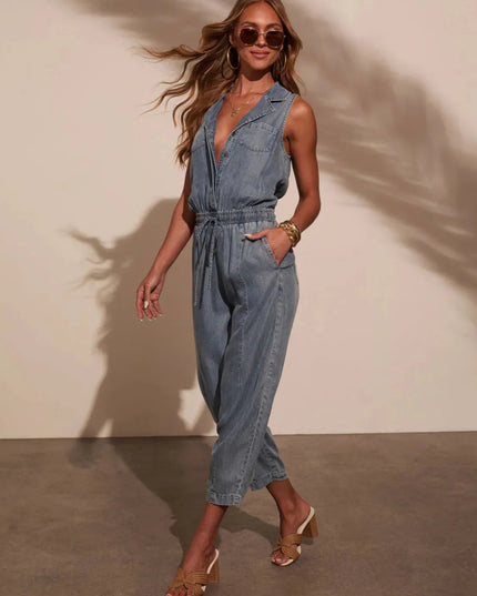 Sleeveless Drawstring Waist Washed Denim Jumpsuit - THE AMERICAN BLUE