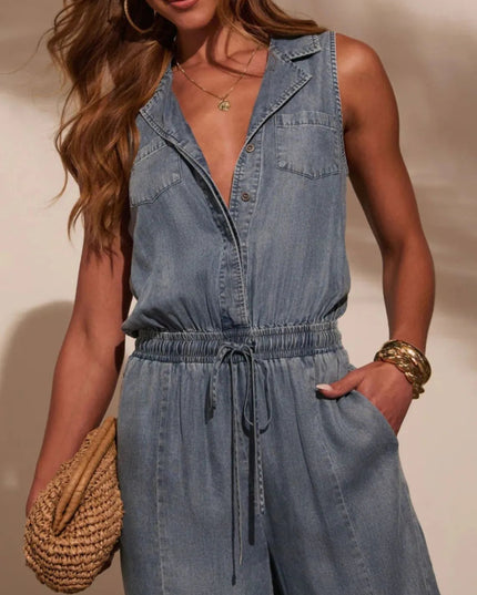 Sleeveless Drawstring Waist Washed Denim Jumpsuit - THE AMERICAN BLUE