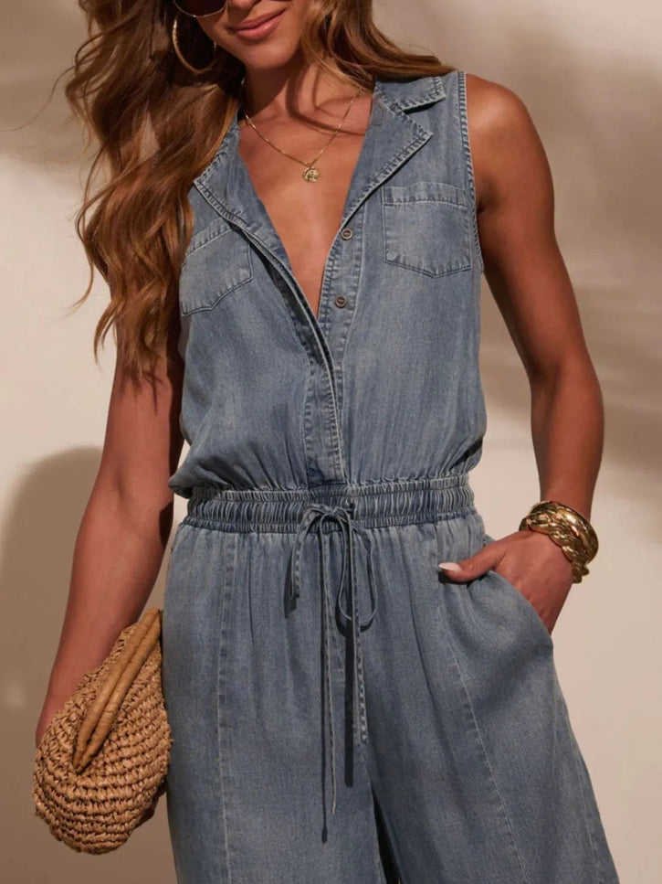 Sleeveless Drawstring Waist Washed Denim Jumpsuit - THE AMERICAN BLUE