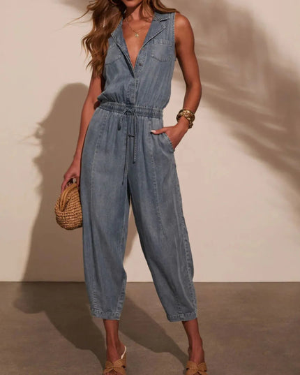 Sleeveless Drawstring Waist Washed Denim Jumpsuit - THE AMERICAN BLUE