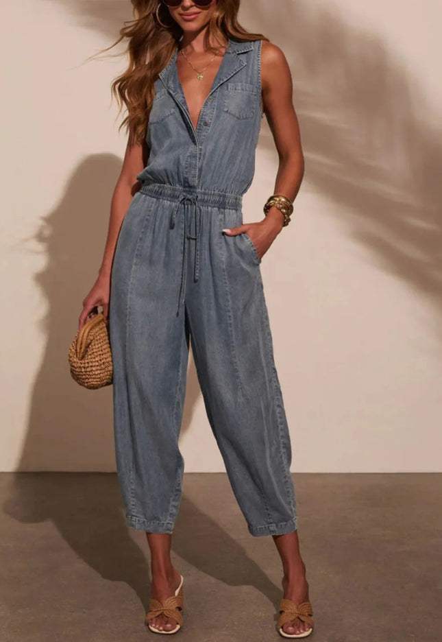 Sleeveless Drawstring Waist Washed Denim Jumpsuit - THE AMERICAN BLUE