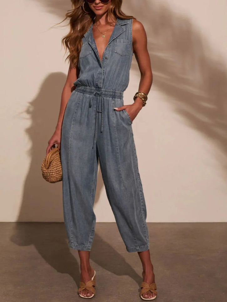 Sleeveless Drawstring Waist Washed Denim Jumpsuit - THE AMERICAN BLUE