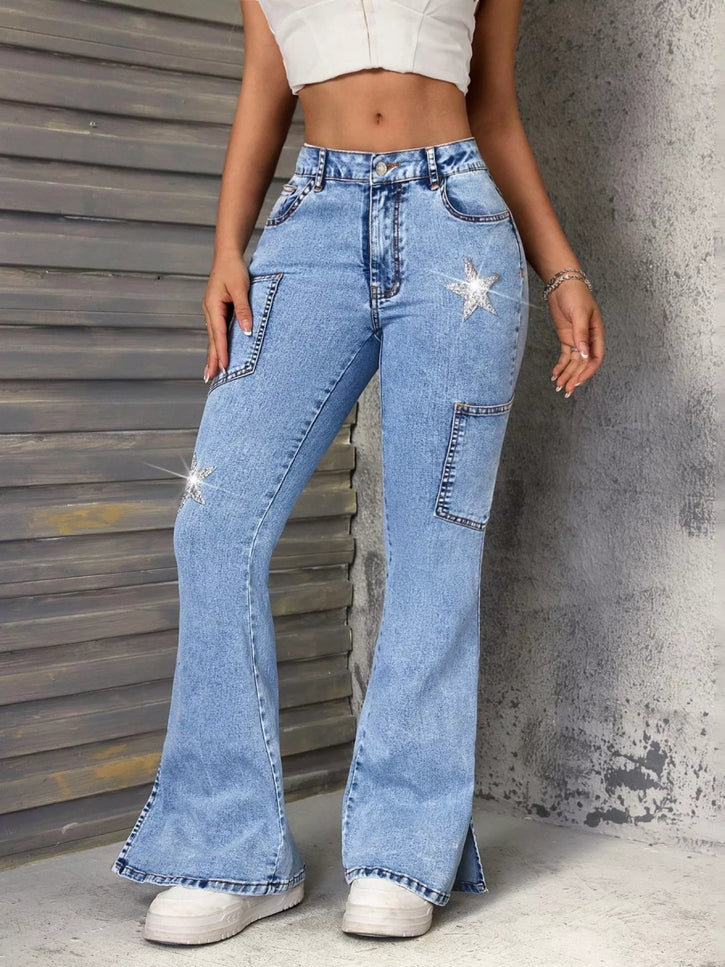 Slit Star Flare Leg Jeans - THE AMERICAN BLUE