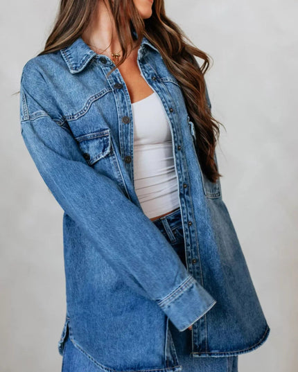 Snap Down Dropped Shoulder Denim Jacket - THE AMERICAN BLUE
