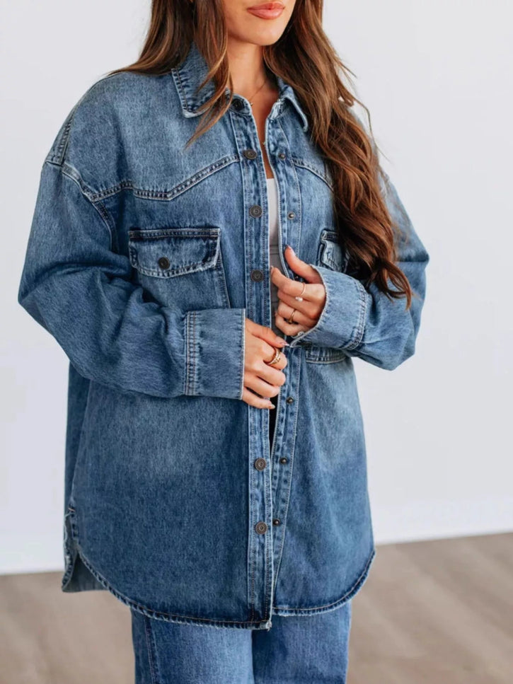 Snap Down Dropped Shoulder Denim Jacket - THE AMERICAN BLUE