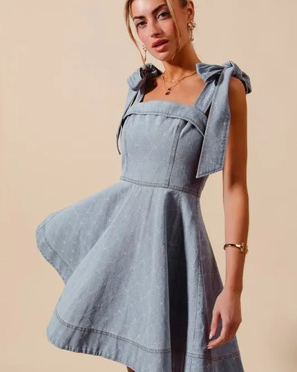 SO ME A Line Fit and Flare Diamond Bow Ribbon Denim Dres - THE AMERICAN BLUE