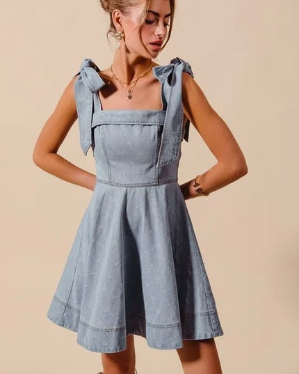 SO ME A Line Fit and Flare Diamond Bow Ribbon Denim Dres - THE AMERICAN BLUE