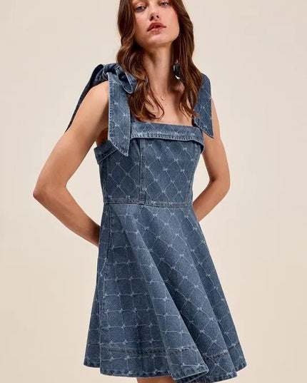 SO ME A Line Fit and Flare Diamond Bow Ribbon Denim Dres - THE AMERICAN BLUE