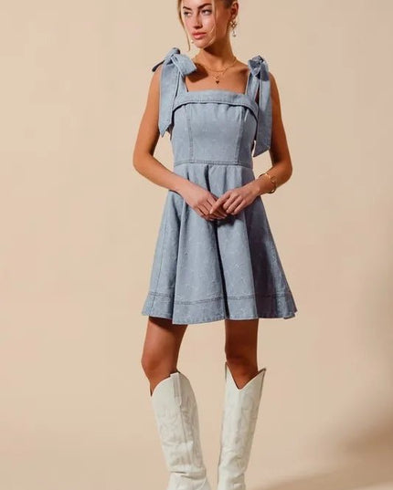 SO ME A Line Fit and Flare Diamond Bow Ribbon Denim Dres - THE AMERICAN BLUE