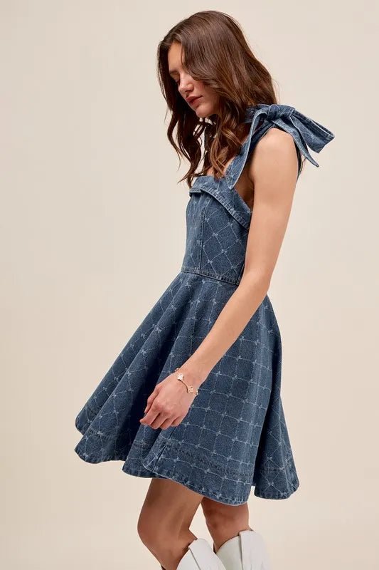 SO ME A Line Fit and Flare Diamond Bow Ribbon Denim Dres - THE AMERICAN BLUE