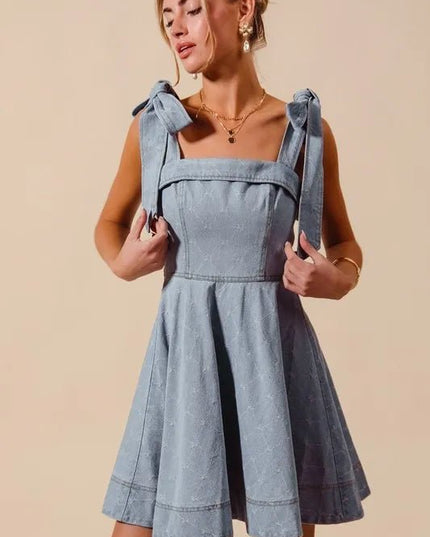 SO ME A Line Fit and Flare Diamond Bow Ribbon Denim Dres - THE AMERICAN BLUE