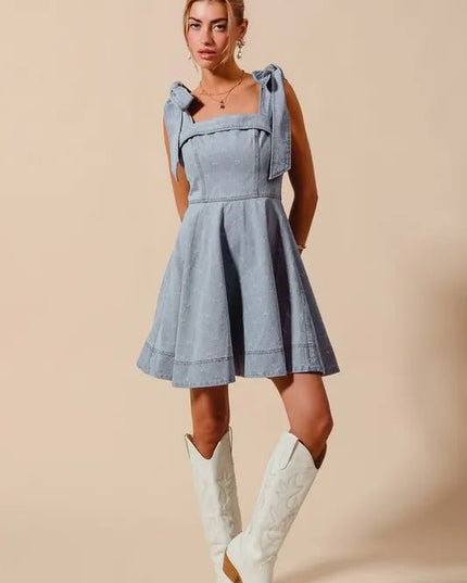 SO ME A Line Fit and Flare Diamond Bow Ribbon Denim Dres - THE AMERICAN BLUE