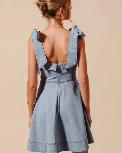 SO ME A Line Fit and Flare Diamond Bow Ribbon Denim Dres - THE AMERICAN BLUE