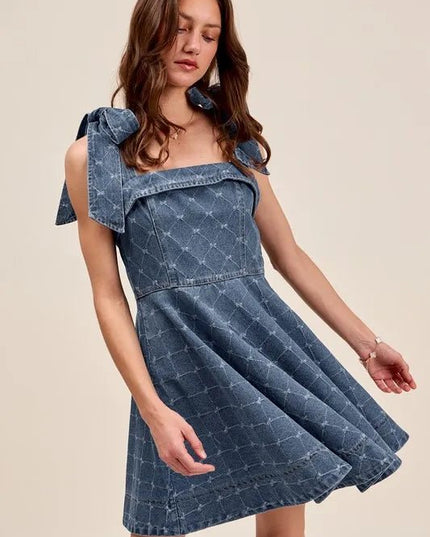SO ME A Line Fit and Flare Diamond Bow Ribbon Denim Dres - THE AMERICAN BLUE