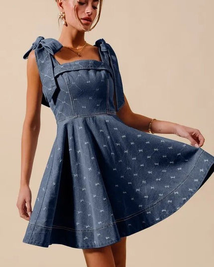 SO ME A Line Fit and Flare Diamond Bow Ribbon Denim Dres - THE AMERICAN BLUE