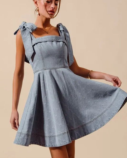 SO ME A Line Fit and Flare Diamond Bow Ribbon Denim Dres - THE AMERICAN BLUE