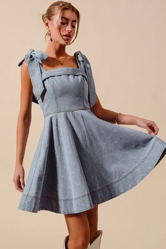 SO ME A Line Fit and Flare Diamond Bow Ribbon Denim Dres - THE AMERICAN BLUE