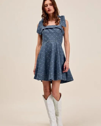 SO ME A Line Fit and Flare Diamond Bow Ribbon Denim Dres - THE AMERICAN BLUE