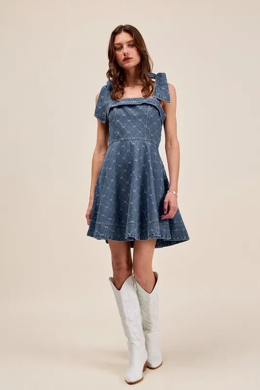 SO ME A Line Fit and Flare Diamond Bow Ribbon Denim Dres - THE AMERICAN BLUE