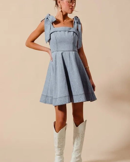 SO ME A Line Fit and Flare Diamond Bow Ribbon Denim Dres - THE AMERICAN BLUE