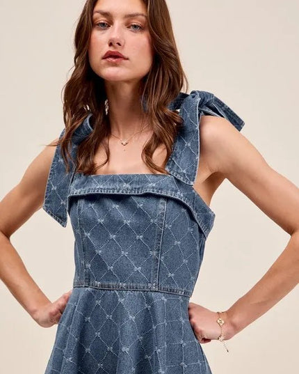 SO ME A Line Fit and Flare Diamond Bow Ribbon Denim Dres - THE AMERICAN BLUE