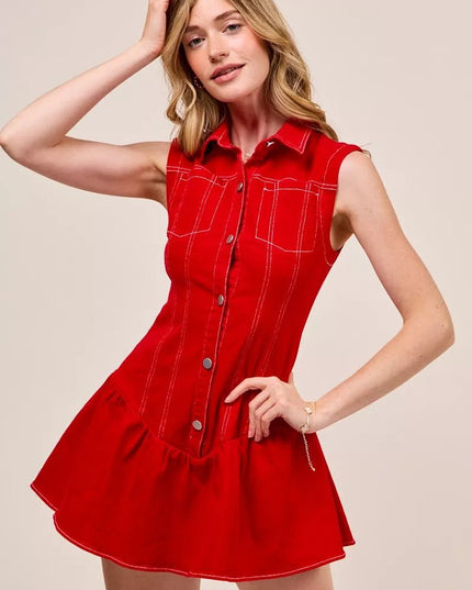 SO ME Button Down Sleeveless Collared Game Day Mini Dress - THE AMERICAN BLUE