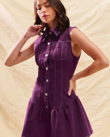 SO ME Button Down Sleeveless Collared Game Day Mini Dress - THE AMERICAN BLUE